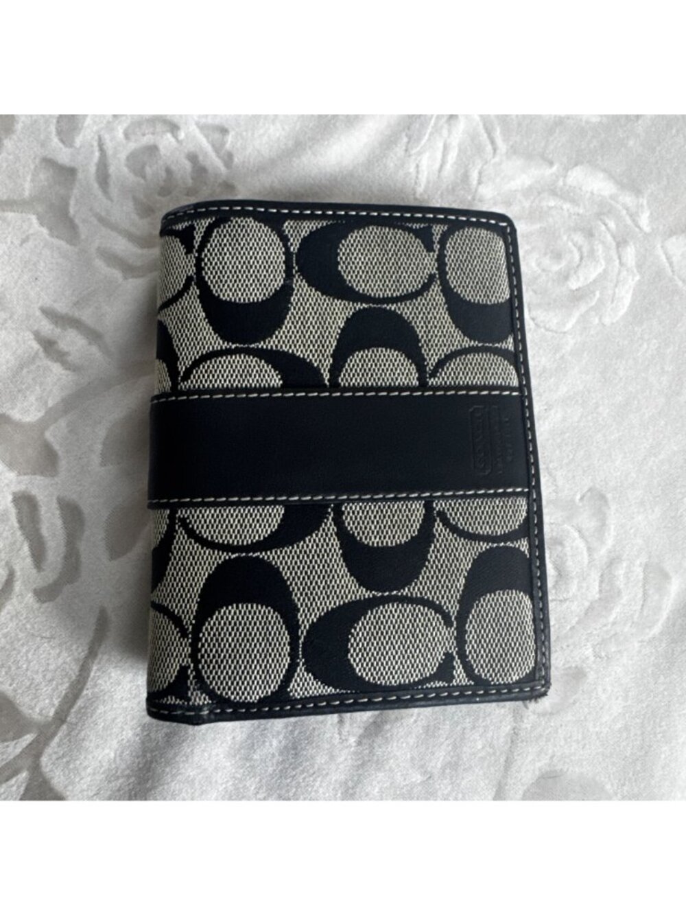 Coach Signature Black Leather & Beige Canvas Wallet Snap Medium Bifold Wallet - Picture 6 of 6